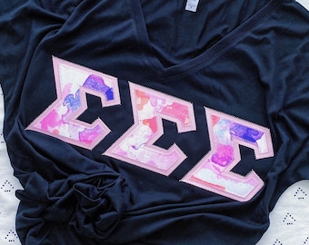 Pink & Purple Watercolor Marble Sorority Chapter Greek Letter T Shirt / Bella Canvas Slouchy V Neck / Big Little Family Letters Shirts