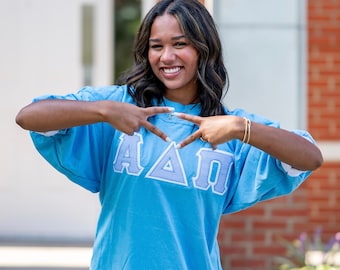 Blue Seersucker Sorority Greek Letter Double Stitched Jersey T-Shirt / Jersey Stitched Bid Day Crew Neck T-Shirt / Greek Letter Sorority Tee