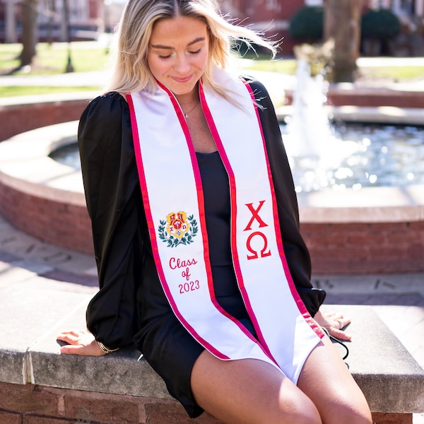 Chi Omega Sorority Crest Graduation Angled Stole Trim / Greek Stole with Graduating Class Year and Greek Letters / Senior Graduation Gift