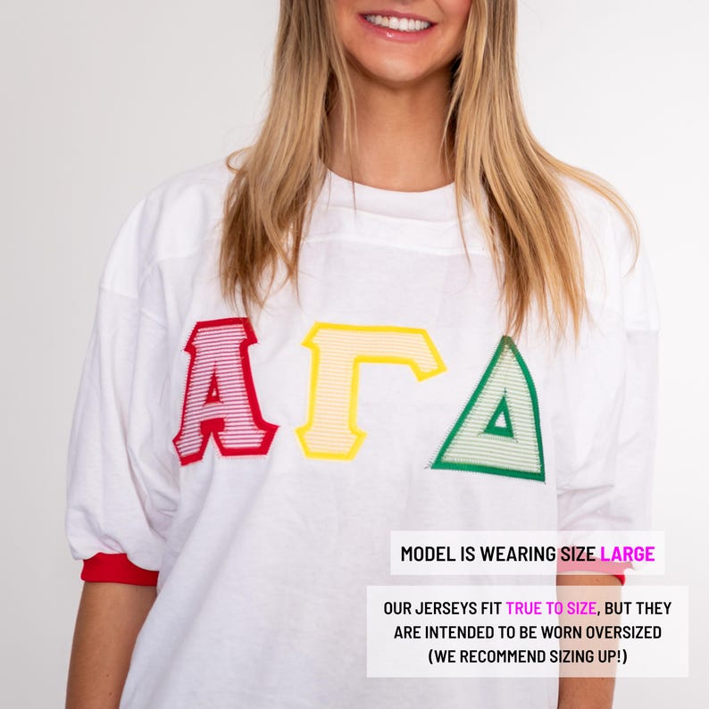 Multi-Color Seersucker Sorority Greek Letter Double Stitched Jersey T-Shirt / Jersey Stitched Bid Day Crew Neck Shirt/Greek Letter Sorority image 3