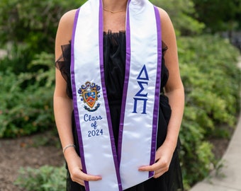 Delta Sigma Pi Sorority Crest Graduation Angled Stole Trim / Greek Stole and Graduating Class Year Greek Letters / Senior Graduation Gift