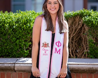 Phi Mu Sorority Crest Graduation Angled Stole Trim / Greek Stole and Graduating Class Year Greek Letters / Senior Graduation Gift