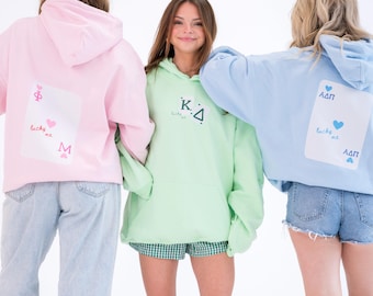 Lucky Me Queen of Hearts Sorority Greek Letter Printed Gildan Hoodie Sweatshirt / Big Little Family Letter Hoodie Sweatshirts / College Gift