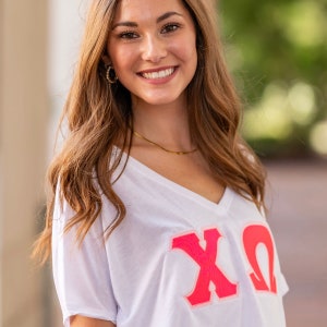 Basic Sorority Greek Letter T Shirt / Bella Canvas Slouchy V Neck / Greek Letter Sorority Double Stitched Shirt / Big Little Letters Shirts zdjęcie 6