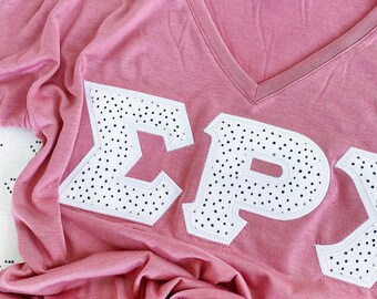 Black and White Polka Dotted Sorority Letter T Shirt / Bella Canvas Slouchy V Neck / Greek Sorority Shirt / Big Little Family Letters Shirts