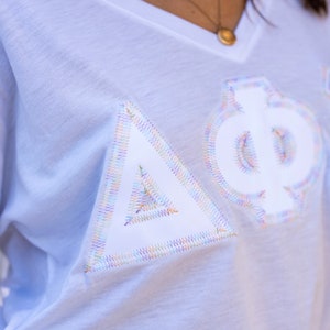 Rainbow Thread Sorority Chapter Stitched Greek Letter T Shirt / Embroidered Bella Canvas Slouchy V Neck / Big Little Family Letters Shirt