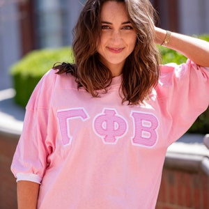 Hot Pink Seersucker Sorority Greek Letter Double Stitched Jersey T-Shirt / Jersey Stitched Bid Day Crew Neck T-Shirt / Greek Letter Sorority image 1