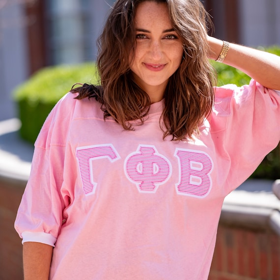 Hot Pink Seersucker Sorority Greek Letter Double Stitched Jersey T-Shirt / Jersey Stitched Bid Day Crew Neck T-Shirt / Greek Letter Sorority