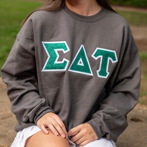 Turquoise Glitter Sorority Chapter Greek Letter Stitched Sweatshirt / Gildan Crew Neck Sweatshirt / Big Little Family Letter Sweatshirts