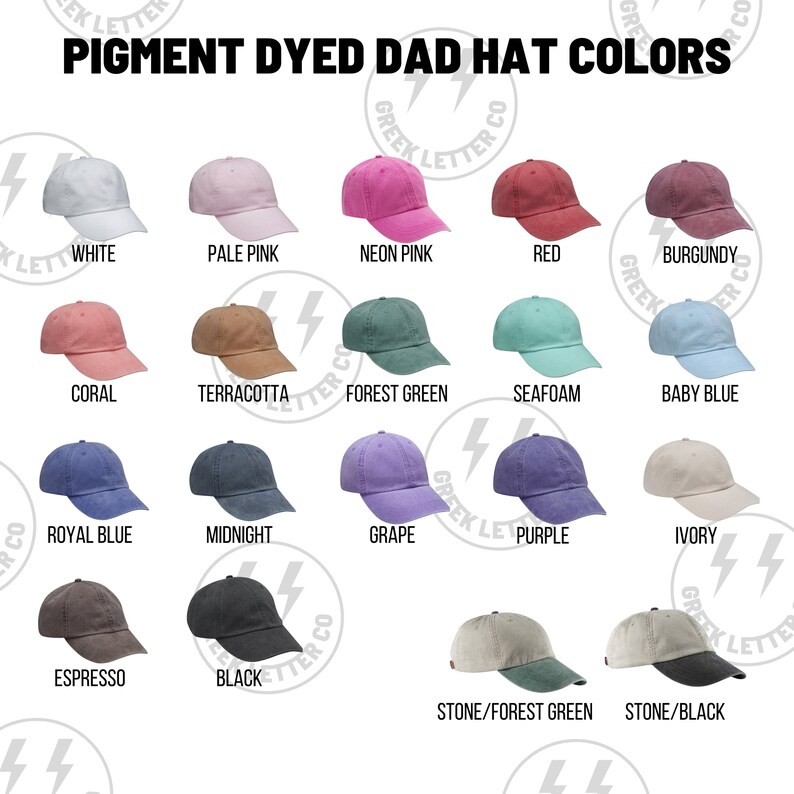 May include: A chart showing 15 different colors of pigment dyed dad hats. The colors include white, pale pink, neon pink, red, burgundy, coral, terracotta, forest green, seafoam, baby blue, royal blue, midnight, grape, purple, ivory, espresso, black, stone/forest green, and stone/black.