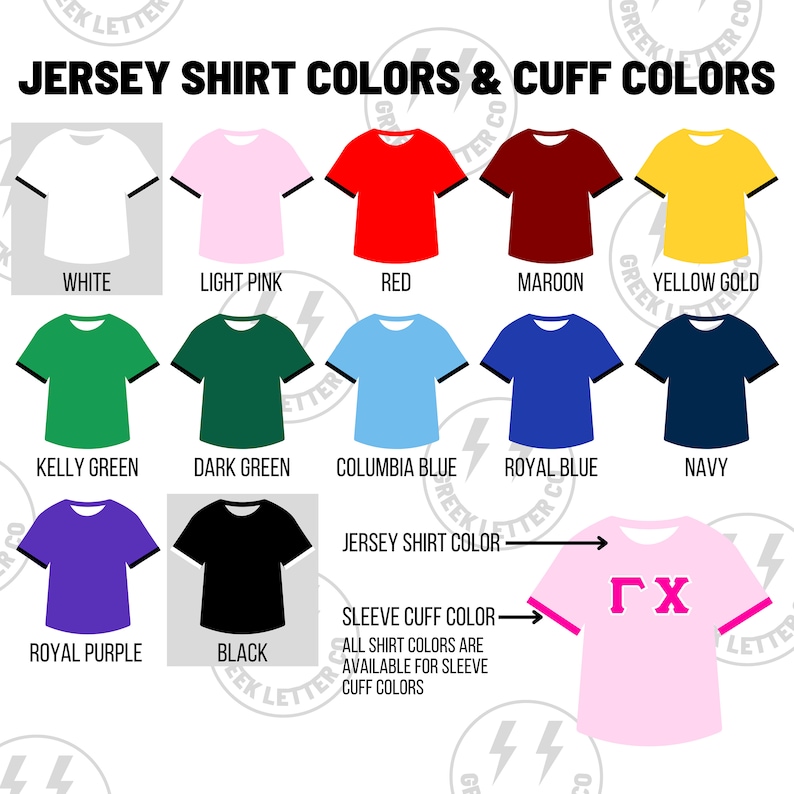 May include: A color chart displaying various jersey shirt options with contrasting sleeve cuffs. The text reads JERSEY SHIRT COLORS & CUFF COLORS. Colors include white, light pink, red, maroon, yellow gold, kelly green, dark green, columbia blue, royal blue, navy, royal purple, and black. A diagram shows shirt and cuff color placement.