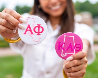 State Outline Greek Letter Embroidered Game Day Tailgate Sorority Button / Embroidered Pin Back Greek Button / Customizable College Gift