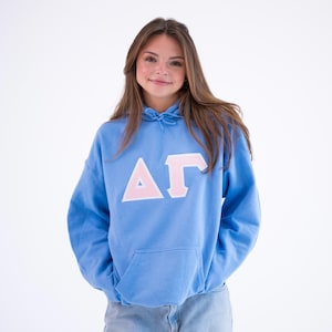 May include: A light blue hooded sweatshirt with a pink and white Greek letter design that says "ΔΓ".