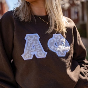 Beige Cheetah Sorority Chapter Greek Letter Stitched Sweatshirt / Gildan Crew Neck Sweatshirt / Big Little Family Letter Sweatshirts