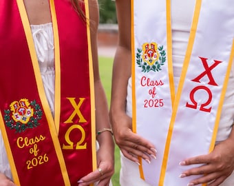Chi Omega Sorority Crest Graduation Angled Stole Trim / Greek Stole with Graduating Class Year and Greek Letters / Senior Graduation Gift