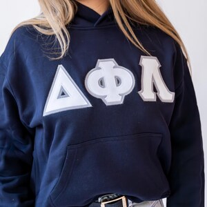 Pu&ograve; includere: Felpa con cappuccio blu navy con un grande design di lettere greche bianche e grigie sul petto. Le lettere sono delineate con cuciture grigie. La felpa ha una tasca frontale e un cappuccio con coulisse.