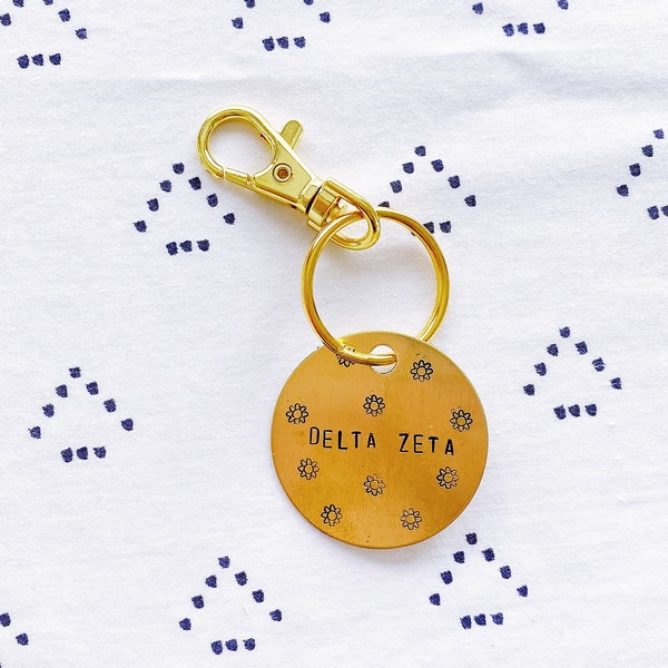 Sorority Chapter w/ Flowers - Personalized Hand Stamped Keychain / Big Little Gift / Sorority Gift / Initiation Gift / Bid Day Bag Gift