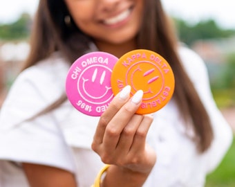 Keep On Smiling Greek Letter Embroidered Game Day Tailgate Sorority Button / Embroidered Pin Back Greek Button / Customizable College Gift