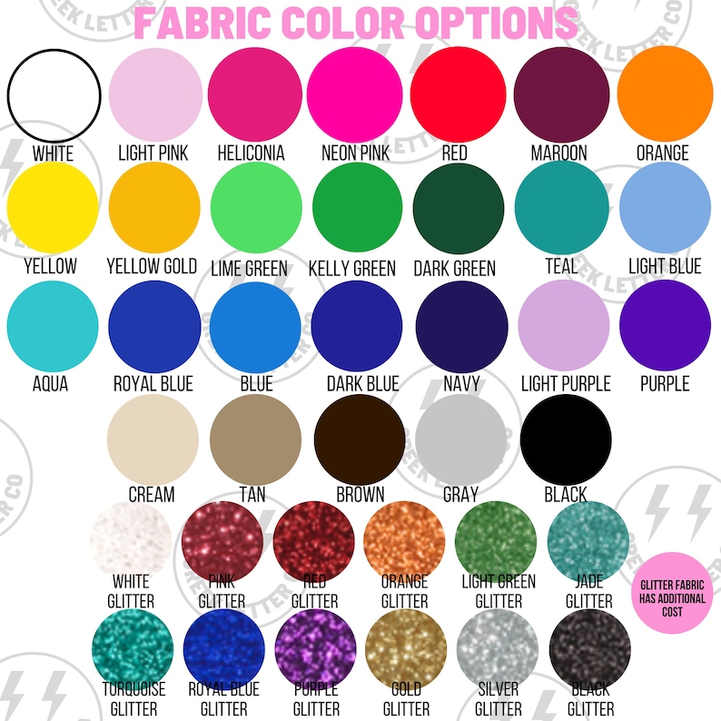 May include: A color chart titled FABRIC COLOR OPTIONS displaying rows of solid and glitter fabric swatches. Colors include white, pinks, reds, oranges, yellows, greens, blues, purples, browns, grays, and black. Text notes glitter fabric has additional cost.
