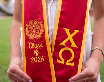 Chi Omega Minimalistic Crest Sorority Graduation Angled Stole Trim / Stole with Graduating Class, Greek Letters / Senior Graduation Gift
