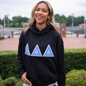 May include: Black hooded sweatshirt with three light blue triangles across the chest. The triangles have a white border and a smaller triangle inside. The sweatshirt has a front pocket and a hood.