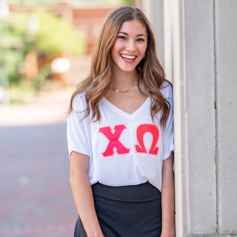 Basic Sorority Greek Letter T Shirt / Bella Canvas Slouchy V Neck / Greek Letter Sorority Double Stitched Shirt / Big Little Letters Shirts image 2