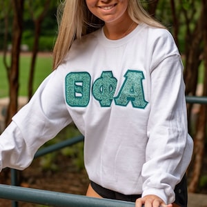 Jade Glitter Sorority Chapter Greek Letter Stitched Sweatshirt / Gildan Crew Neck Sweatshirt / Big Little Family Letter Sweatshirts