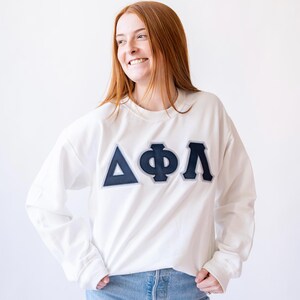 Delta Phi Lambda Sorority Basic Greek Letter Double Stitched Sweatshirt / Gildan Crew Neck Embroidered Sweatshirt / Big Little Custom Gift