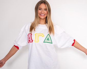 Multi-Color Seersucker Sorority Greek Letter Double Stitched Jersey T-Shirt / Jersey Stitched Bid Day Crew Neck Shirt/Greek Letter Sorority