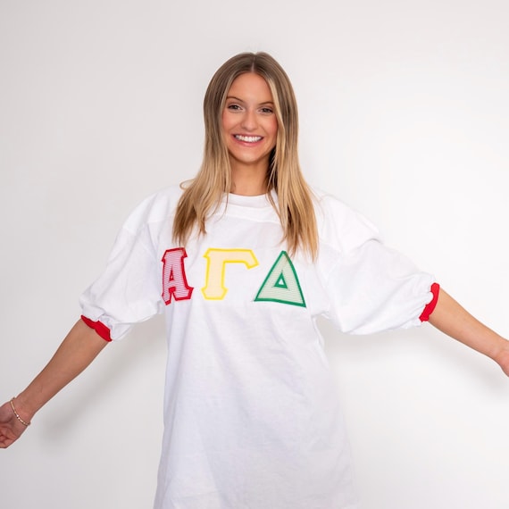 Multi-Color Seersucker Sorority Greek Letter Double Stitched Jersey T-Shirt / Jersey Stitched Bid Day Crew Neck Shirt/Greek Letter Sorority