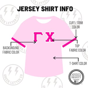 May include: A light pink jersey t-shirt with dark pink sleeve cuffs and trim. The shirt features the Greek letters Gamma and Chi in dark pink with a white outline. Text labels indicate shirt color, fabric color, and cuff trim color options.