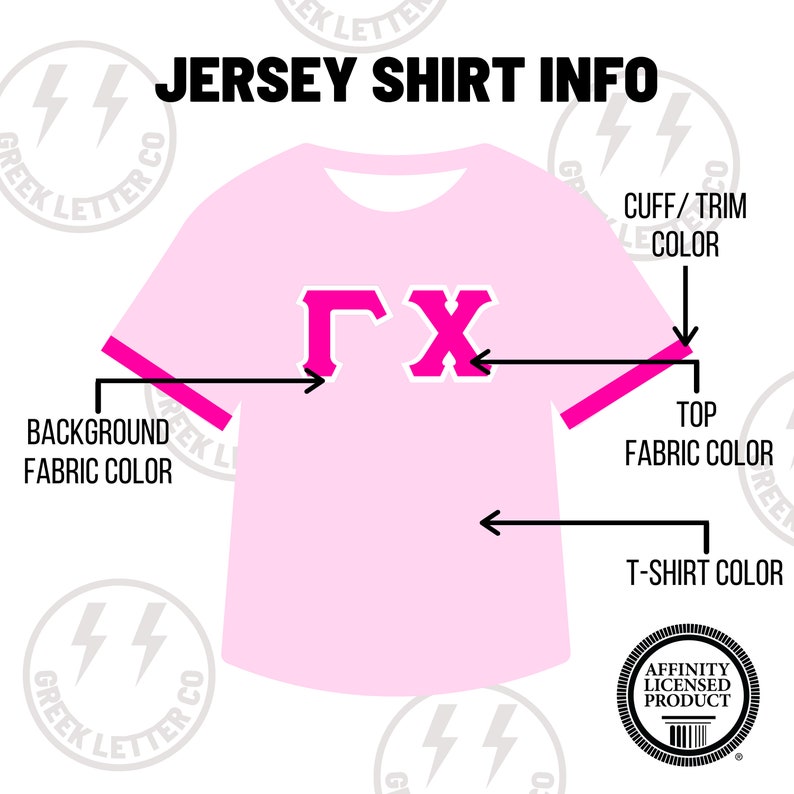 May include: A light pink jersey t-shirt with dark pink sleeve cuffs and trim. The shirt features the Greek letters Gamma and Chi in dark pink with a white outline. Text labels indicate shirt color, fabric color, and cuff trim color options.