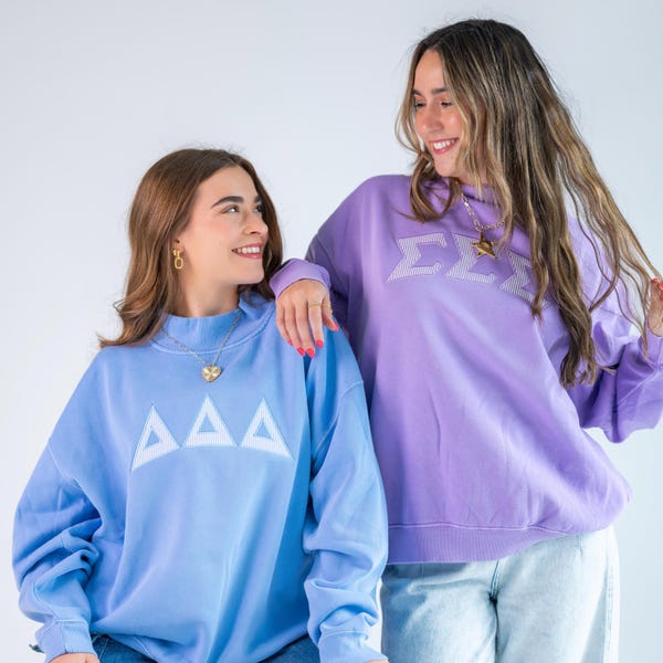 That Girl Seersucker Sorority Greek Letter Mockneck Sweatshirt / Satin Appliqué Embroidered Trendy Sweatshirt / Big Little College Gift