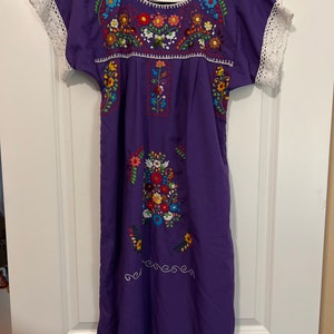 Puebla Mexican Dress in Beautiful Purple with Crocheted Lace Trim at Sleeve & Hem, One Size Fits Most Up to XL! FREE SHIPPING!