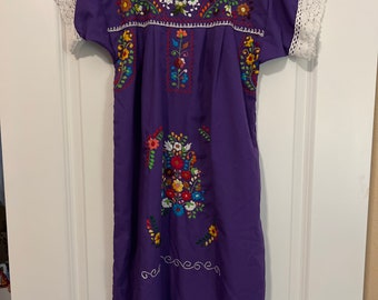 Puebla Mexican Dress in Beautiful Purple with Crocheted Lace Trim at Sleeve & Hem, One Size Fits Most Up to XL! FREE SHIPPING!