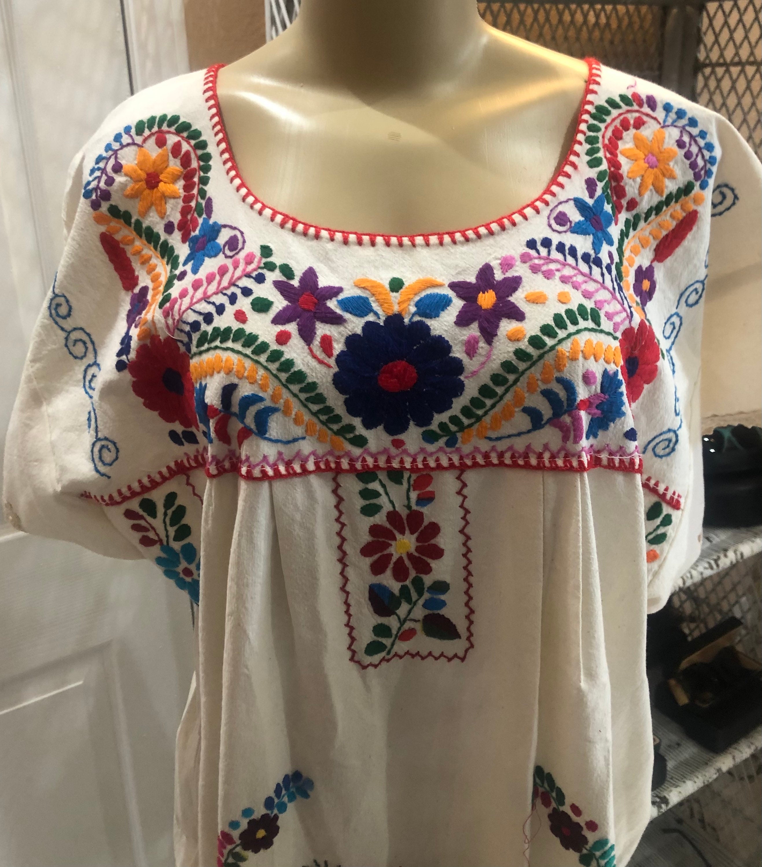 Size XL Mexican Puebla Natural Manta Dress W/ Multicolored | Etsy