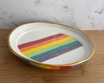 Rainbow Color Splash Oval Trinket Tray with 22kt Yellow Gold Details