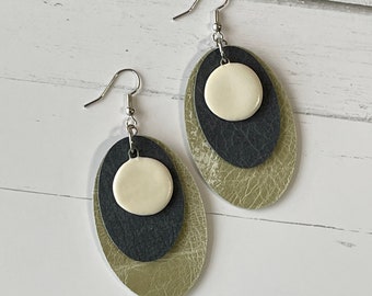 Oval Handmade Leather Dangle Earrings with Ceramic Pendant • Genuine Leather Drop Earrings • Statement Unique One of a Kind Layered Earring