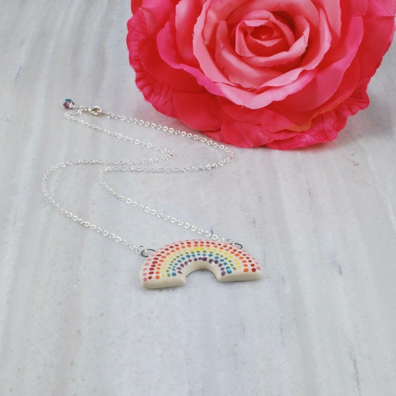 Large Handmade Ceramic Rainbow Necklace with Polka Dots