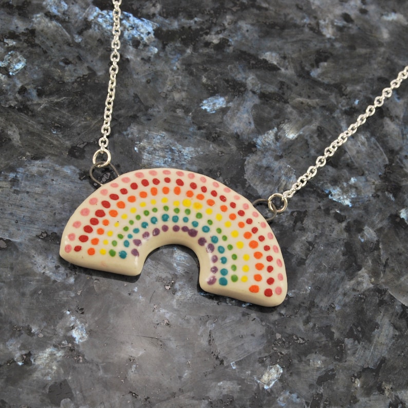 Large Handmade Ceramic Rainbow Necklace with Polka Dots