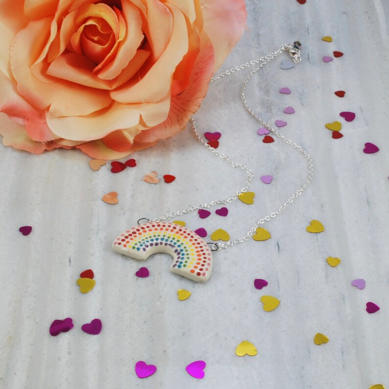 Large Handmade Ceramic Rainbow Necklace with Polka Dots