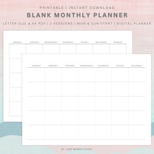 Blank Monthly Calendar Printable Landscape, Letter size Undated Monthly Planner, A4 Minimalist Calendar Template Desk Calendar Wall Calendar