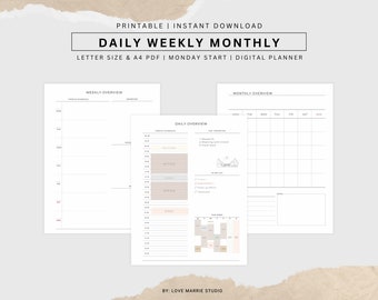 Daily Planner, Weekly Planner, Monthly Planner, Printable planner set, Planner Inserts, Instant Download, A4, Letter Size Digital Planner