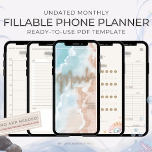 May include: A digital phone planner template with a beach-themed design. The planner includes sections for daily tasks, notes, and a monthly calendar. The text "UNDATED MONTHLY FILLABLE PHONE PLANNER READY-TO-USE PDF TEMPLATE" is at the top of the image. The text "NO APP NEEDED! GOODNOTES NOTESHELF, ETC" is at the bottom of the image.