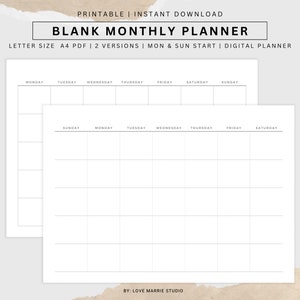 Blank Monthly Calendar Printable Landscape, Letter size Undated Monthly Planner, A4 Minimalist Calendar Template Desk Calendar Wall Calendar image 1