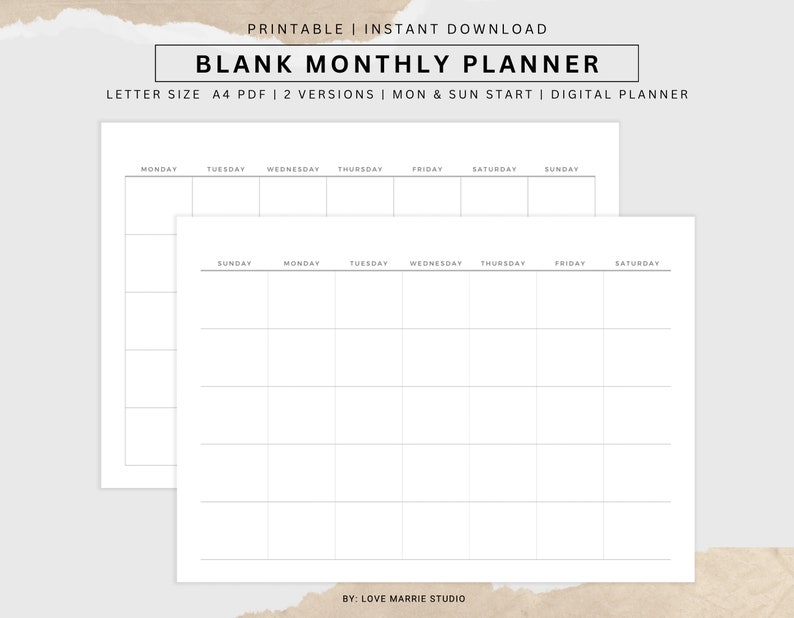 Blank Monthly Calendar Printable Landscape, Letter size Undated Monthly Planner, A4 Minimalist Calendar Template Desk Calendar Wall Calendar image 1