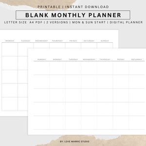 Blank Monthly Calendar Printable Landscape, Letter size Undated Monthly Planner, A4 Minimalist Calendar Template Desk Calendar Wall Calendar image 7
