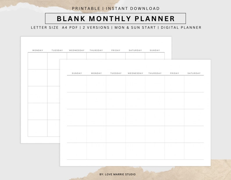 Blank Monthly Calendar Printable Landscape, Letter size Undated Monthly Planner, A4 Minimalist Calendar Template Desk Calendar Wall Calendar image 7