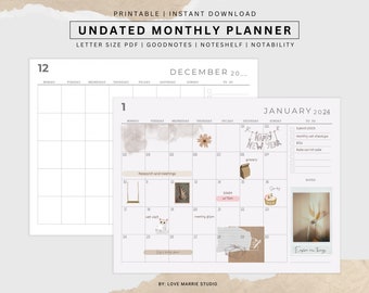Undated Monthly Planner, Printable Planner, Calendar Planner, Letter Size Planner Pages, Undated Digital Monthly Planner, Android Planner