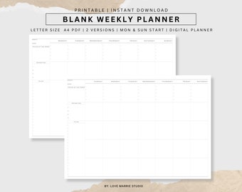 Weekly Printable Planner, Minimalist Weekly Planner, ADHD Weekly Planner, Weekly Digital Planner Inserts, A4 Planner, Letter Size Planner